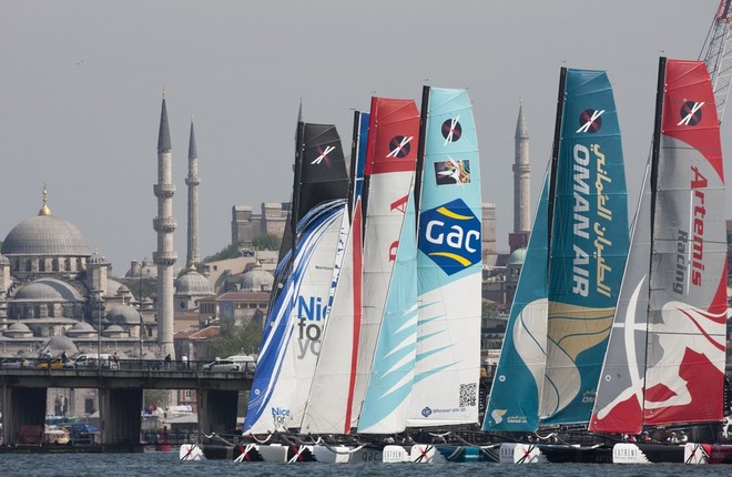 Act 3.Turkey The fleet racing on day 1 in front of the historic Istanbul skyline - Extreme Sailing Series 2011 © Lloyd Images http://lloydimagesgallery.photoshelter.com/
